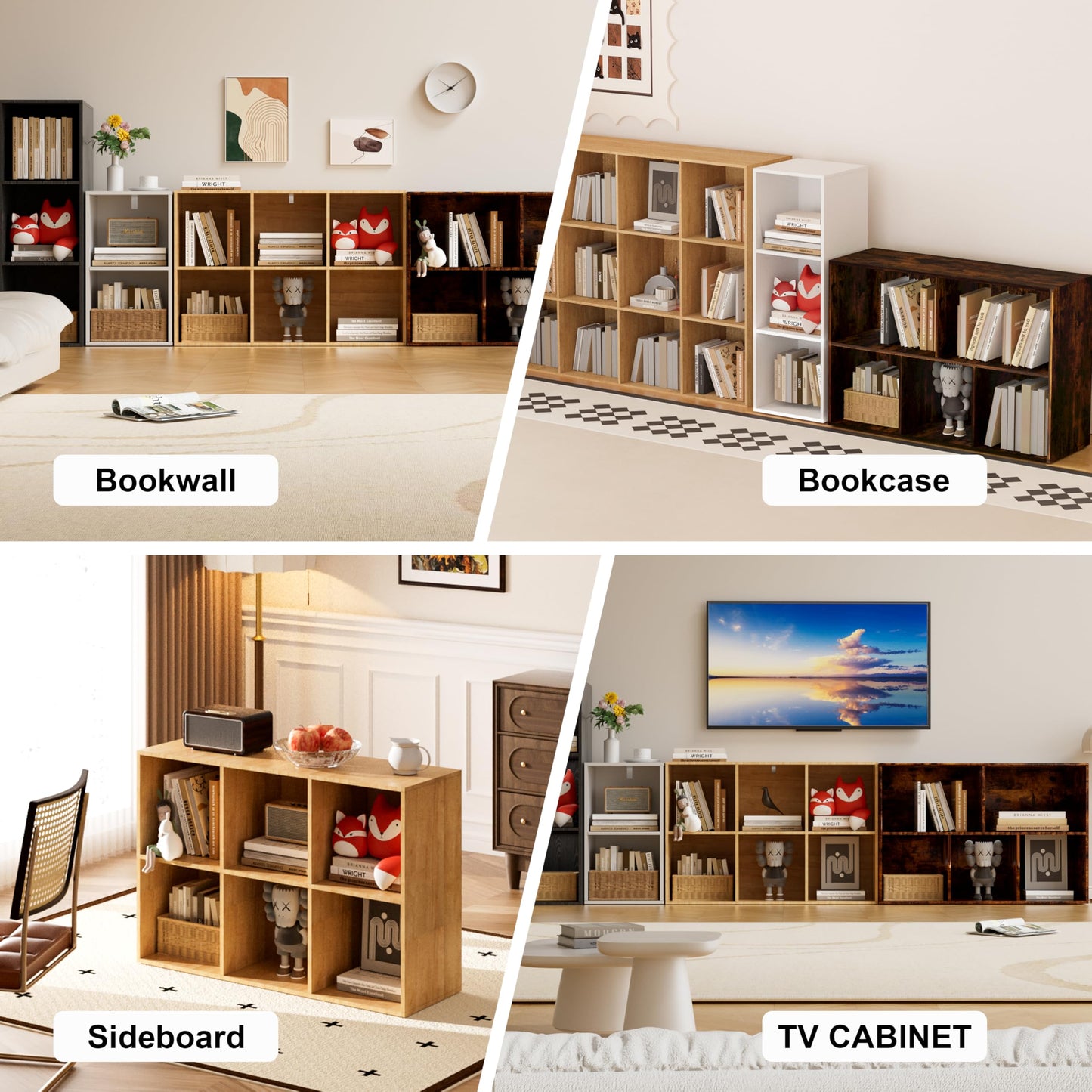 Nestwise Book Shelf, Wooden Cube Storage Organizer with 11" Open Cubes, Stackable Modular Bookcase for Room Divider Storage, 2 Tier Bookshelf for Living Room, Bedroom, Office (Oak, 5-Cube)