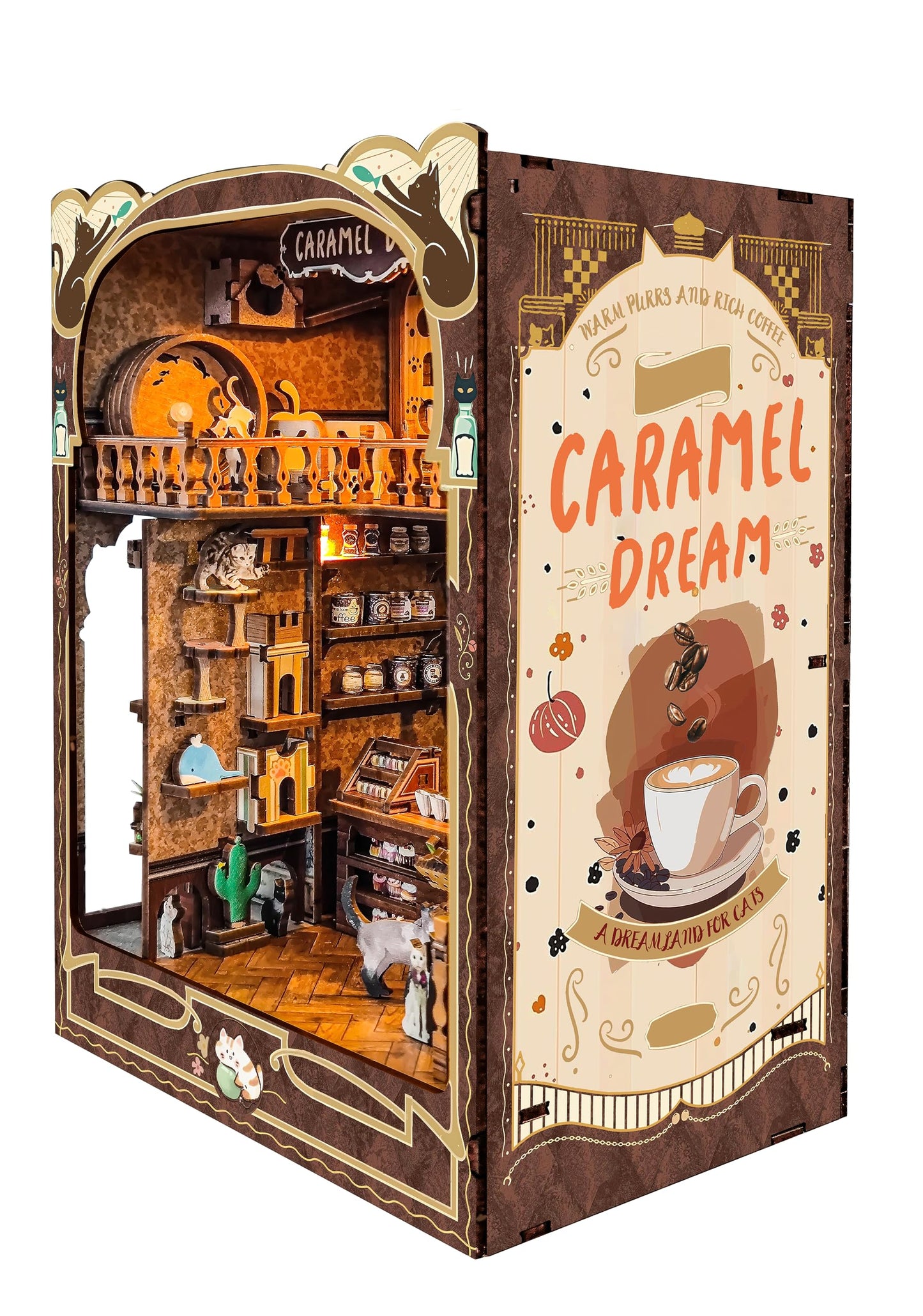 IBOHEYE Book nooks DIY Dollhouse Kit for Adults 3D Stereo Assembly Night Light Sensing Wooden Bookend Jigsaw Building Model Gifts for Family,Friends (Caramel Dreams)