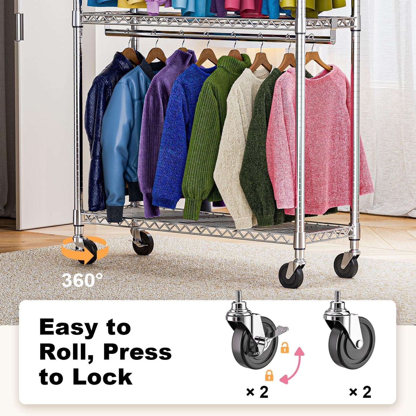 M MZG Heavy Duty Rolling Garment Rack 3 Tiers Adjustable Wire Shelving Clothes Rack with 2 Rods and Side Hooks,Storage Closet Clothing Rack with Wheels Chrome 15.7" D x 45.3" W x 79.6" H