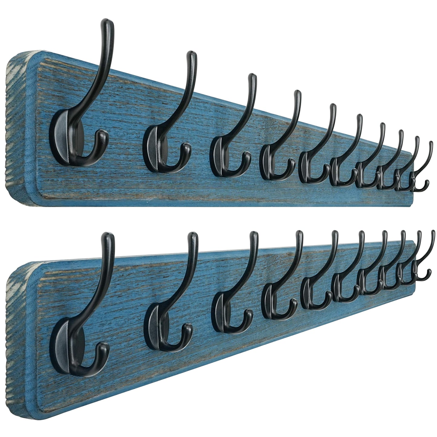 Dseap Coat Rack Wall: 38-1/4" Long, Patented, Heavy-Duty, 10-Double-Hooks Wooden Wall Mounted Coat Rack Coat Hanger Hook Rail for Winter Coats Hat Jacket Clothing, Weathered Blue, Pack of 2