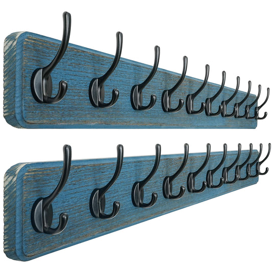 Dseap Coat Rack Wall: 38-1/4" Long, Patented, Heavy-Duty, 10-Double-Hooks Wooden Wall Mounted Coat Rack Coat Hanger Hook Rail for Winter Coats Hat Jacket Clothing, Weathered Blue, Pack of 2