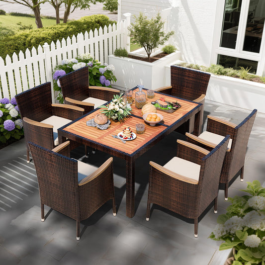 Shintenchi 7 PCS Patio Dining Set, Wicker Patio Conversation Set with Wooden Table Top, Outdoor Table and Chairs with Soft Cushions for Backyard, Deck and Garden, Brown Wicker