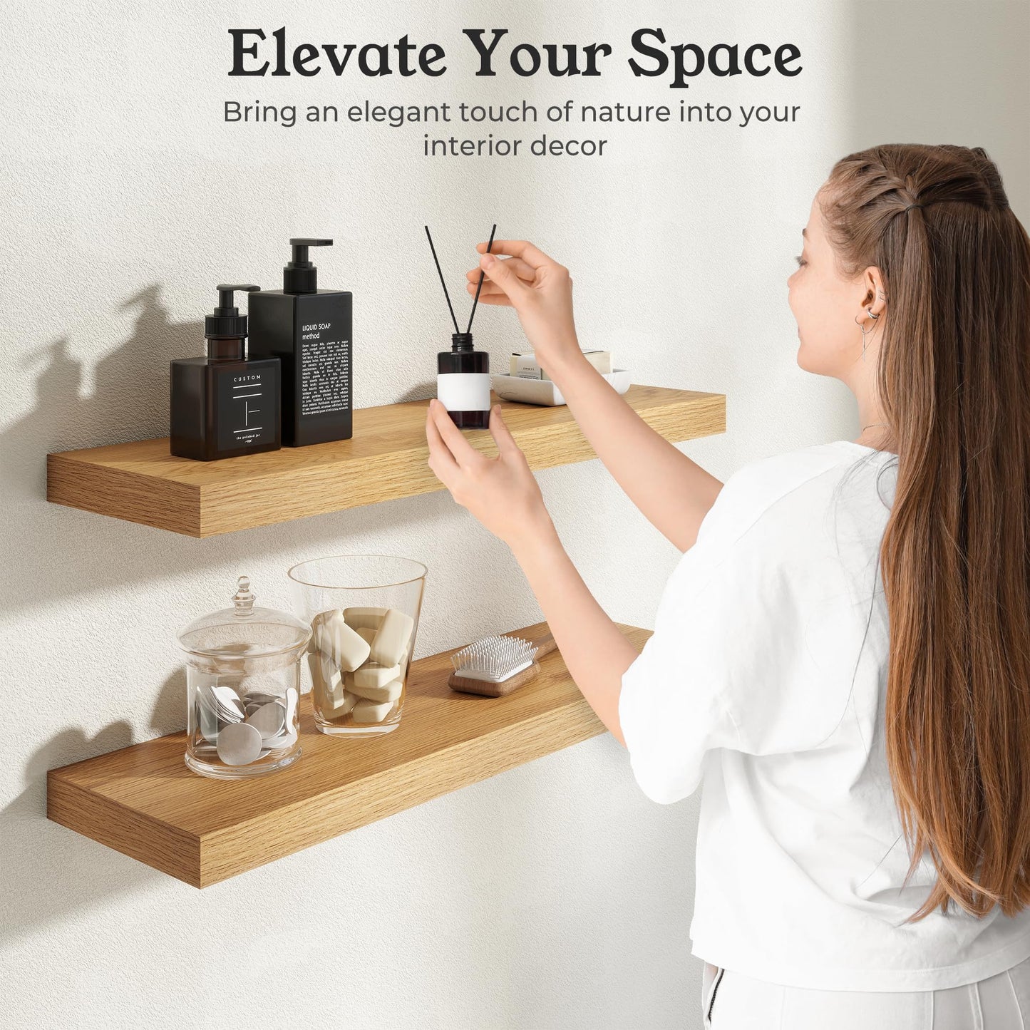 Ornawit Floating Shelves for Wall, 9.3" Deep Wall Mounted Wood Shelves for Bathroom, Bedroom, Living Room, Kitchen, Hanging Shelf for Books/Storage/Room Decor (Oak, 24")