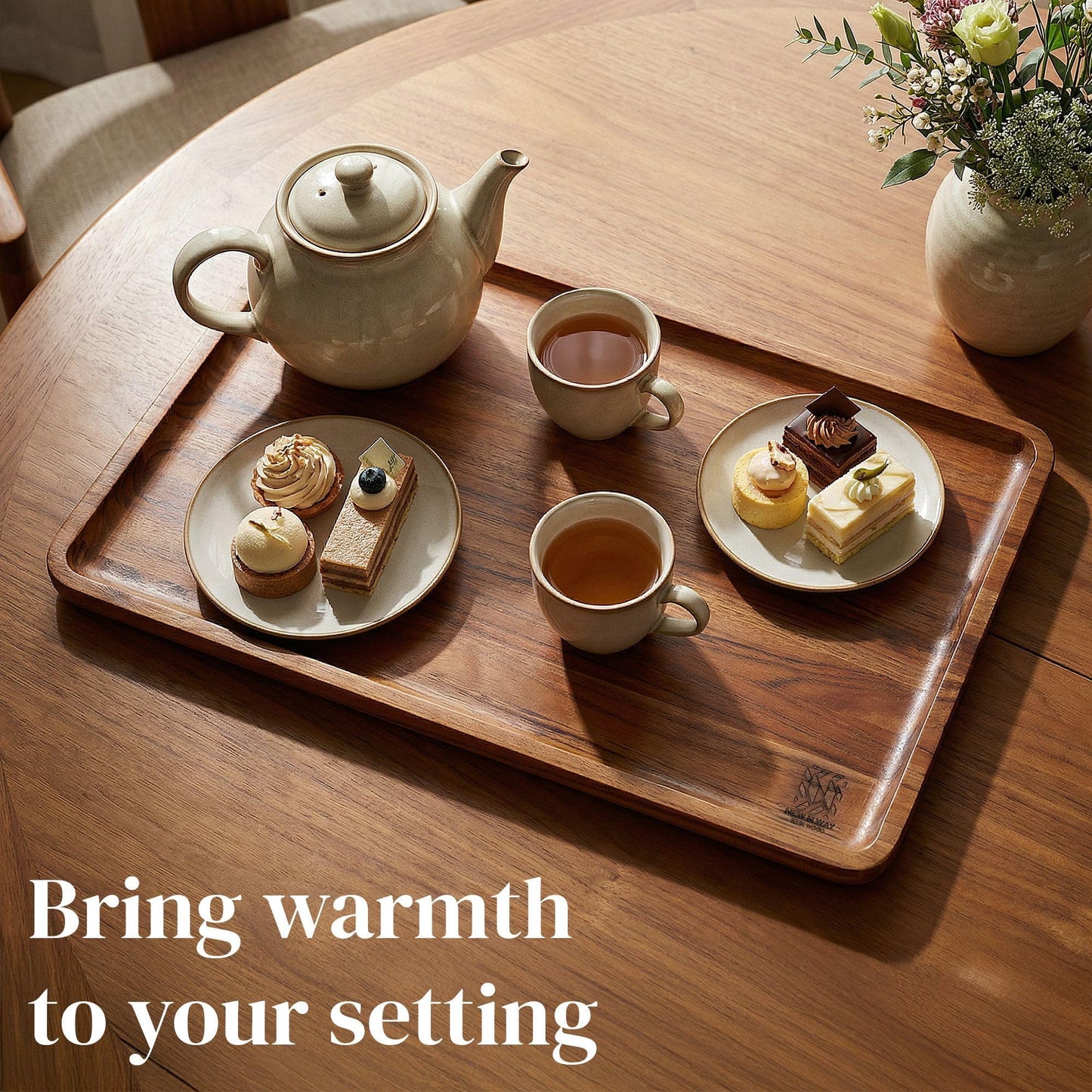 Premium Natural Teak Wood Medium Rectangular Serving Tray – Solid Wooden Display & Drink Tray 15.75 x 11.02 x 0.79 Inch with Raised Rim – Coffee, Wine, Food & Entertaining Tray for Kitchen & Home