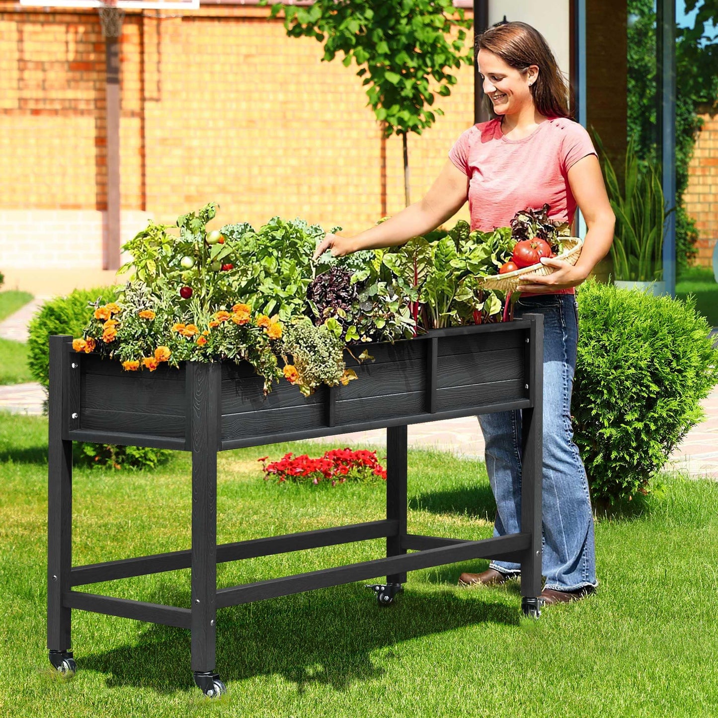 DWVO 47x18x31in Raised Garden Bed HDPE, Weather-Resistant Poly Wood Planter Box Stand, Planter Box with Legs & Lockable Wheels, Elevated Garden Bed for Backyard Patio Balcony - Black