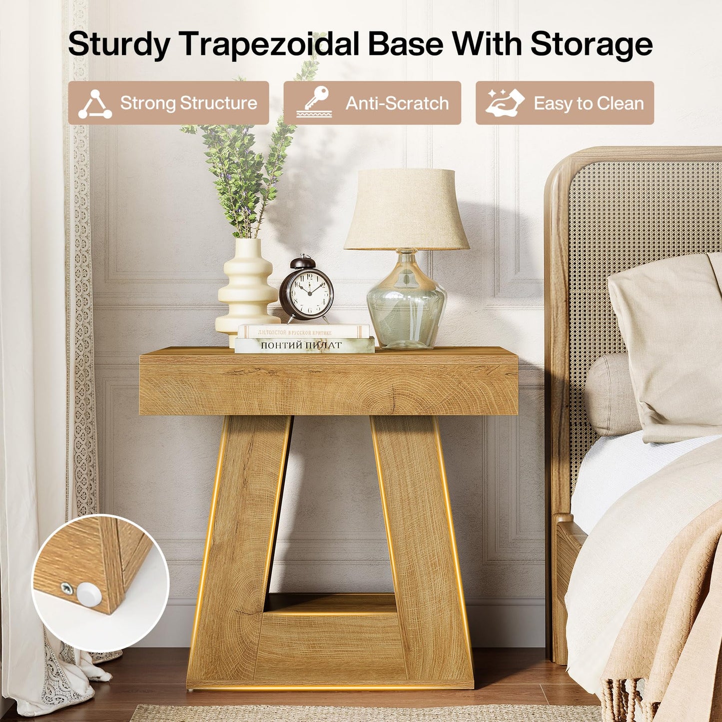 Tribesigns 24" Modern Side Table, 2-Tier Narrow Wooden End Table with Trapezoid Base, Farmhouse Small Nightstand for Living Room, Bedroom, Natural Wood Color