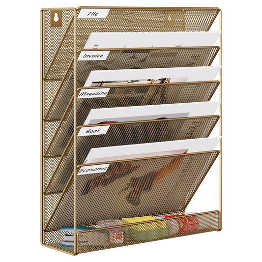 EasyPAG 5 Tier Wall File Holder, Mesh Hanging Folder Organizer with Classify Label, Versatile Desk File Holder, Vertical Wall Mounted Mail Organizer for Office Home Cubicle, Gold
