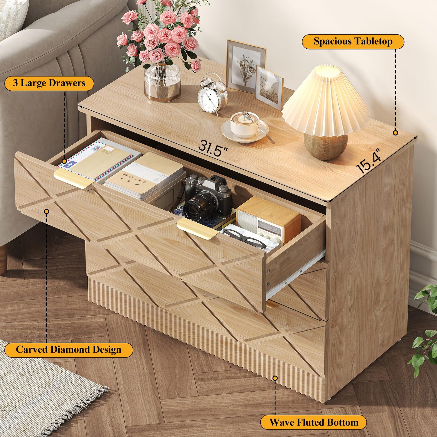 kepptory 32" Wide Nightstand with 3 Storage Drawers, Large Side Table with Carved Diamond Design and Fluted Wave, Wooden Night Stand Bedside End Table, Easy Assembly and Anti-Tipping Device (Natural)