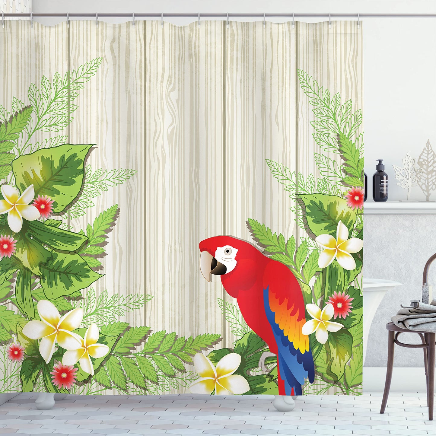 Ambesonne Parrot Shower Curtain, Tropic Flowers and Parrot in Summer Garden Wooden Wall Ferns Art, Cloth Fabric Bathroom Decor Set with Hooks, 69" W x 84" L, Cream Green Red