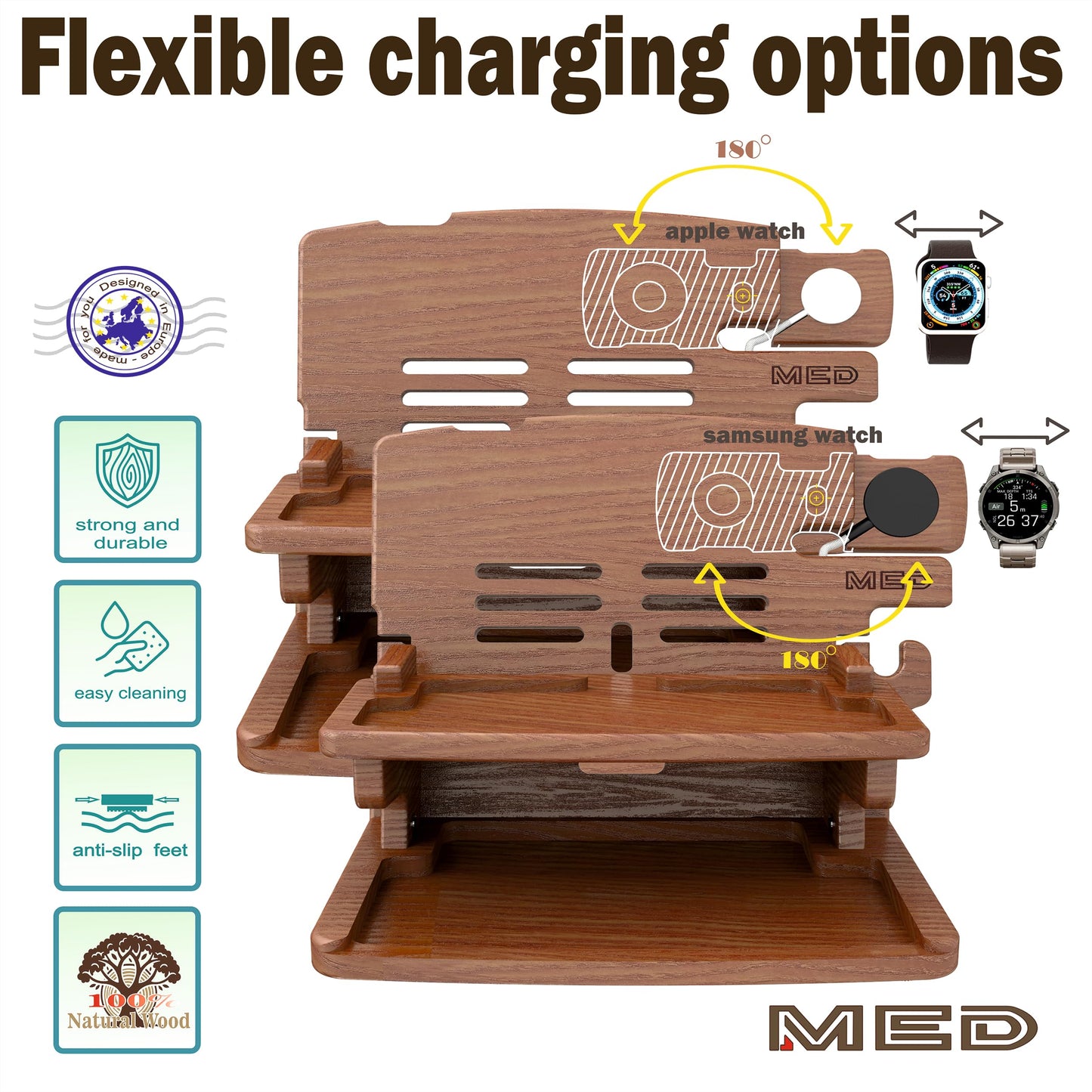 MED Wood Phone Docking Station for Men – Nightstand Organizer & Charging Station for Multiple Devices – Birthday Gift for Husband Dad, Father's Day – Holds Phone, Watch, Wallet, Keys (Dark Walnut)