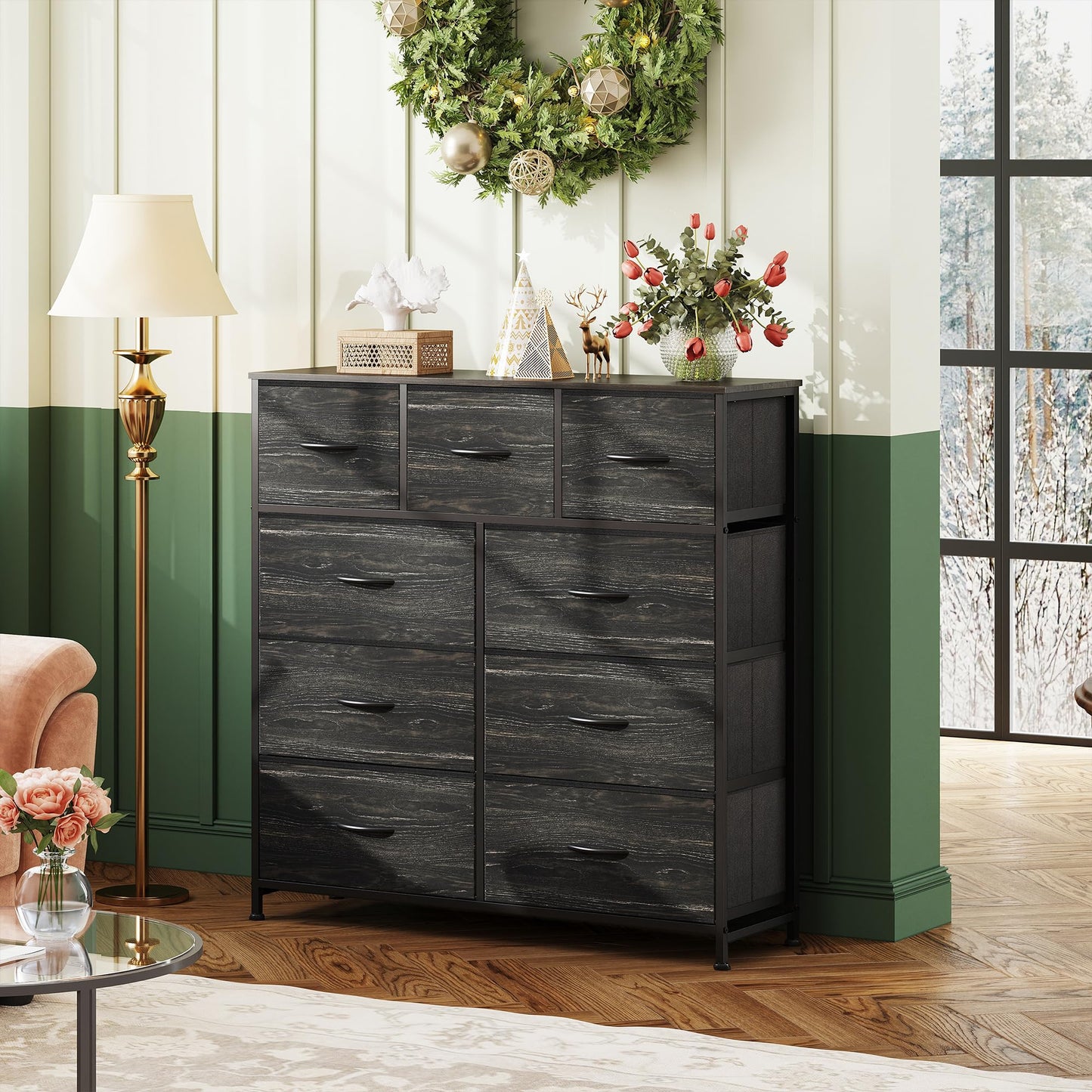 WLIVE 3 Drawer and 9 Drawer Dresser Set, Dresser for Bedroom, Closet, Hallway, Storage Organizer Unit, Dressers & Chests of Drawers with Fabric Bins, Charcoal Black Wood Grain Print