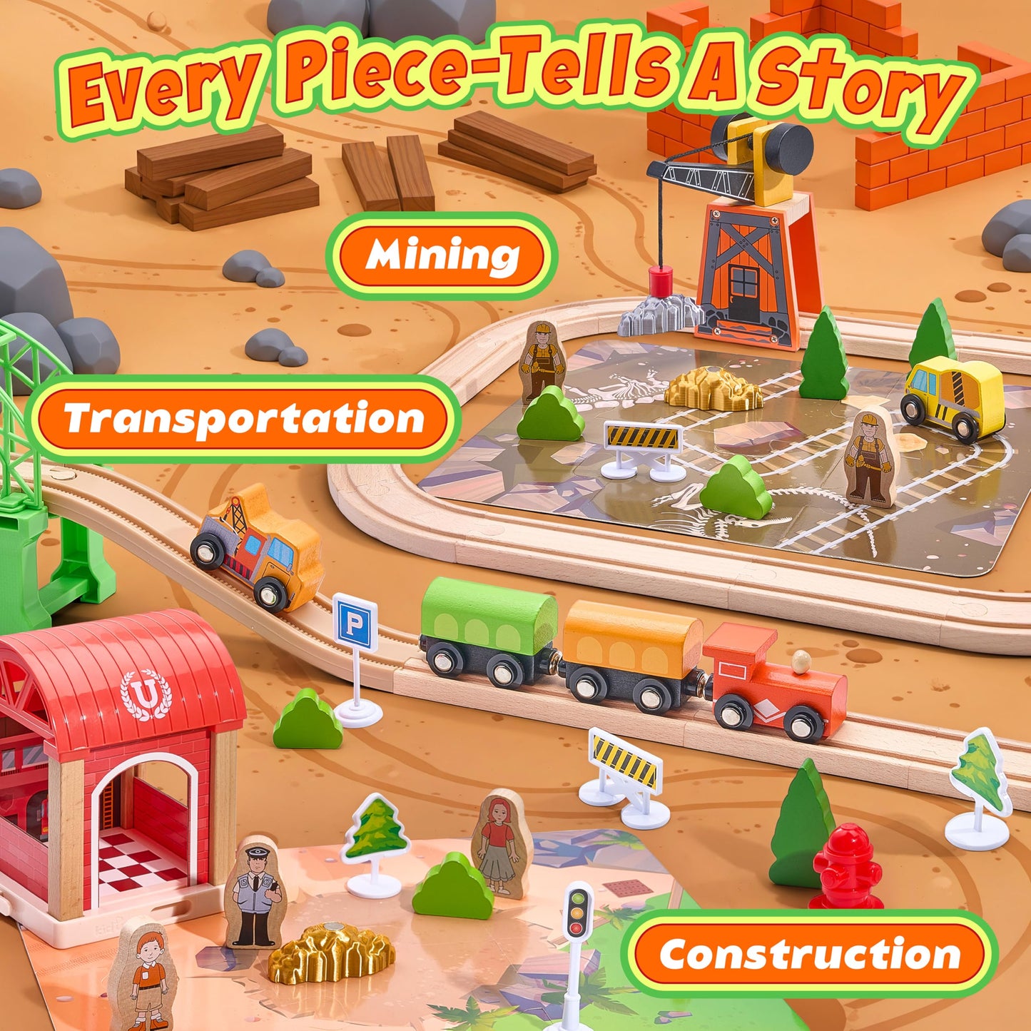 Wooden Train Set 102-Piece for Toddlers Kids Ages 3-8, Double-Sided Expandable Train Track with Puzzles & Magnetic Crane Toys, STEM Railway Playset Gifts Compatible with Major Brands for Boys Girls