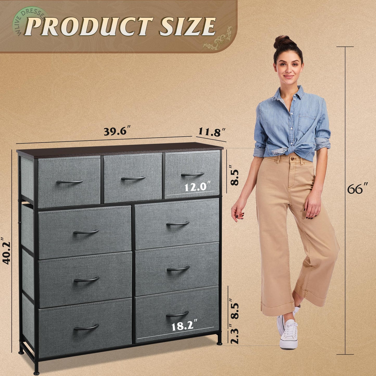 WLIVE 9-Drawer Dresser & Nightstand with 2 Fabric Drawers for Bedroom, Hallway, Entryway, Closet, Organizer Unit with Fabric Bins, Steel Frame, Wood Top, Easy Pull Handle, Dark Grey