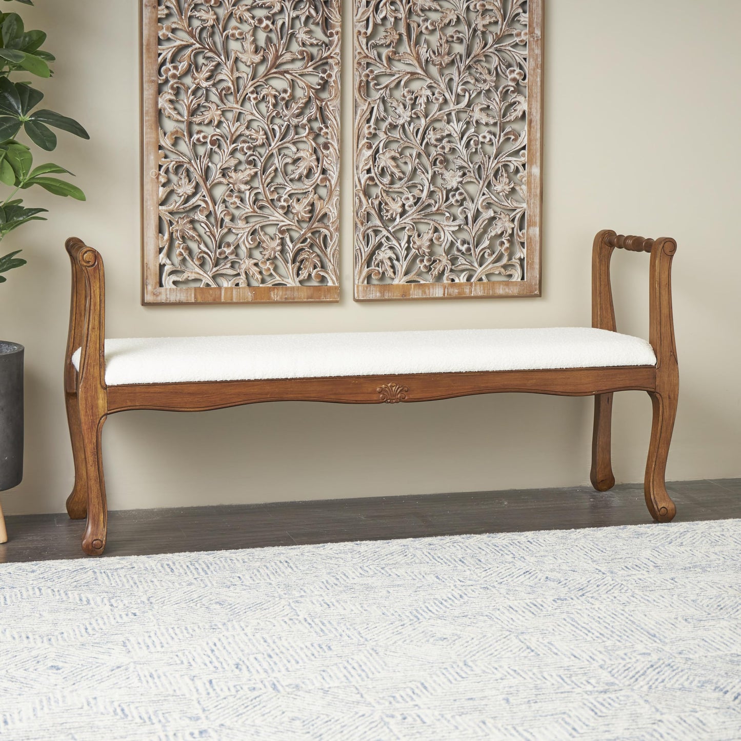 Deco 79 Fabric Home Bench Arm Entryway Bench with Brown Traditional Wood Turned Legs, Bedroom Bench 55" x 16" x 27", Cream