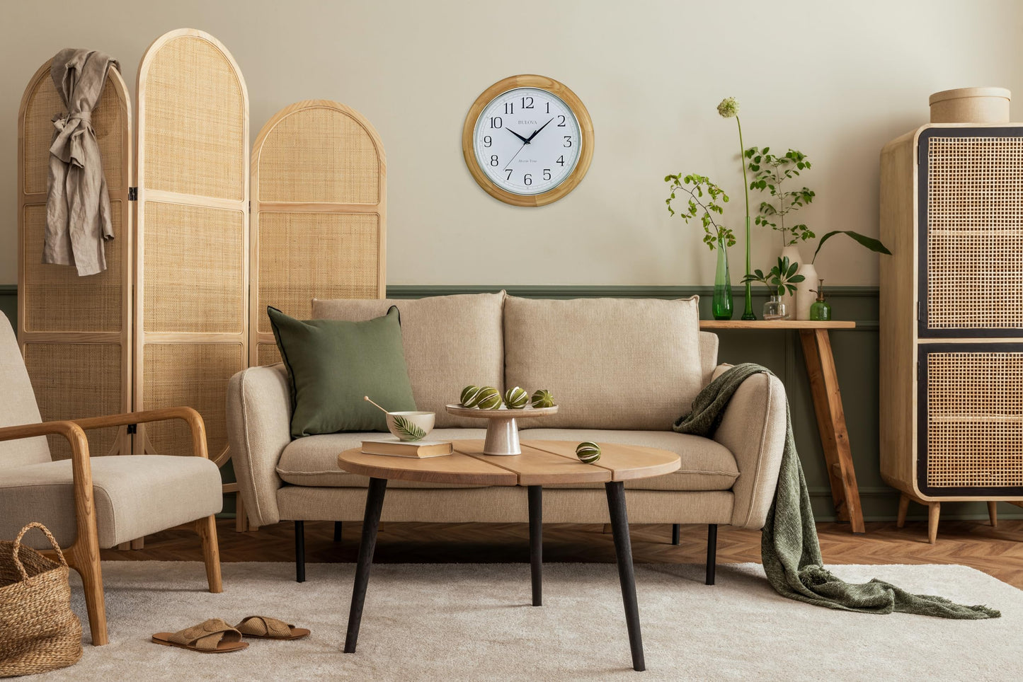 Bulova C5005 Wooden Atomic Analog Wall Clock | Automatically Sets Time | Large Roman Numerals | Battery Operated | Traditional Design
