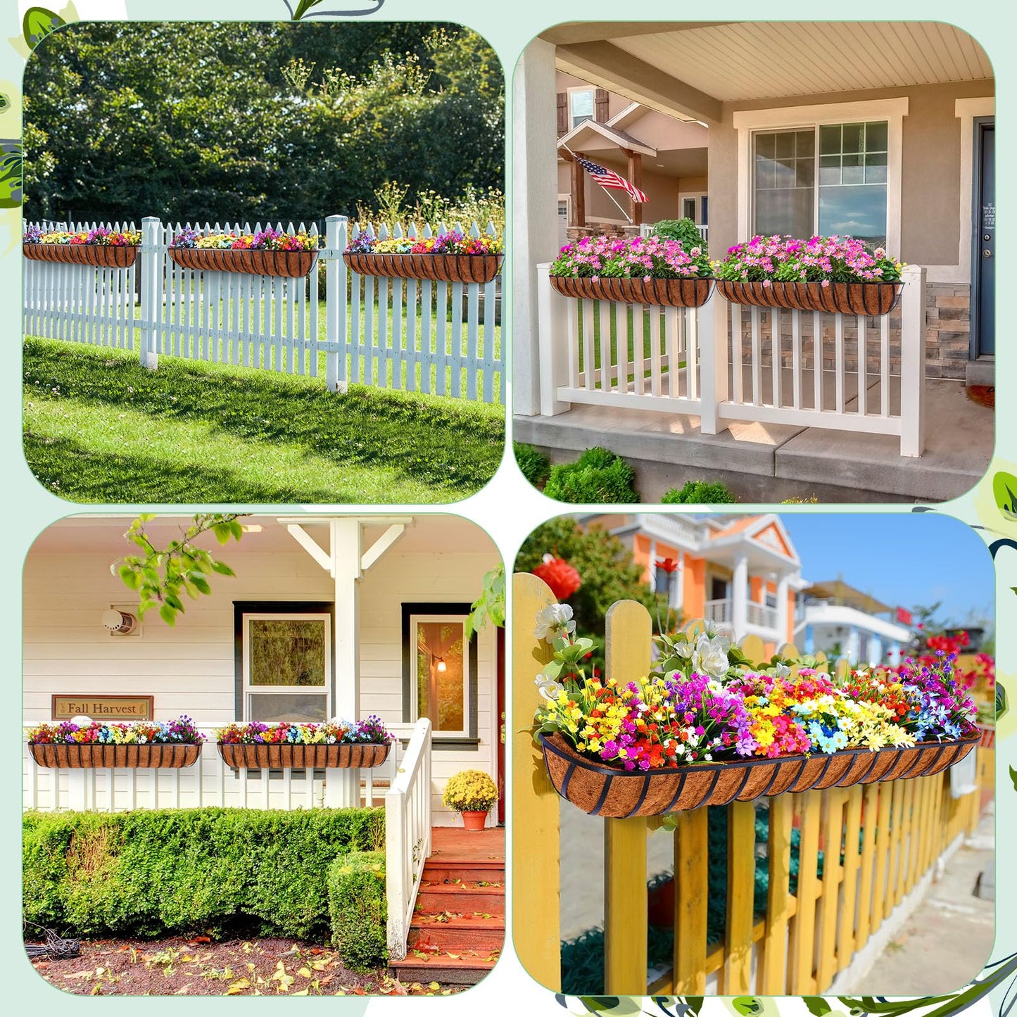 Tessco for you 4 Pack 48 Inch Window Baskets with Coconut Liner 4 Adjustable Flower Brackets Window Deck Planters Boxes Railing Planter Metal Hanging Flower Planter for Indoor Outdoor Lawn
