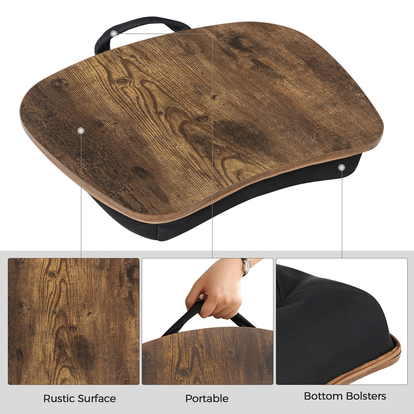 SONGMICS Lap Desk, Bed Tray, Laptop Table with Handle, Cushion, 12.6 x 15.7 x 3.1 Inches, Rustic Brown ULLD109B01