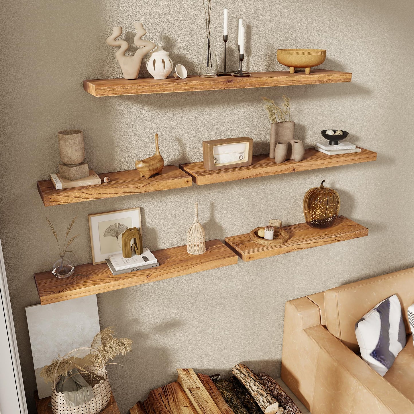 RICHFOCUS 20inch Natural Floating Shelves for Wall, 8" Deep High End Solid Real Wood Wall Shelves for Bathroom, Rustic Wooden Floating Shelves with Invisible Brackets for Books Storage Decor, Set of 2