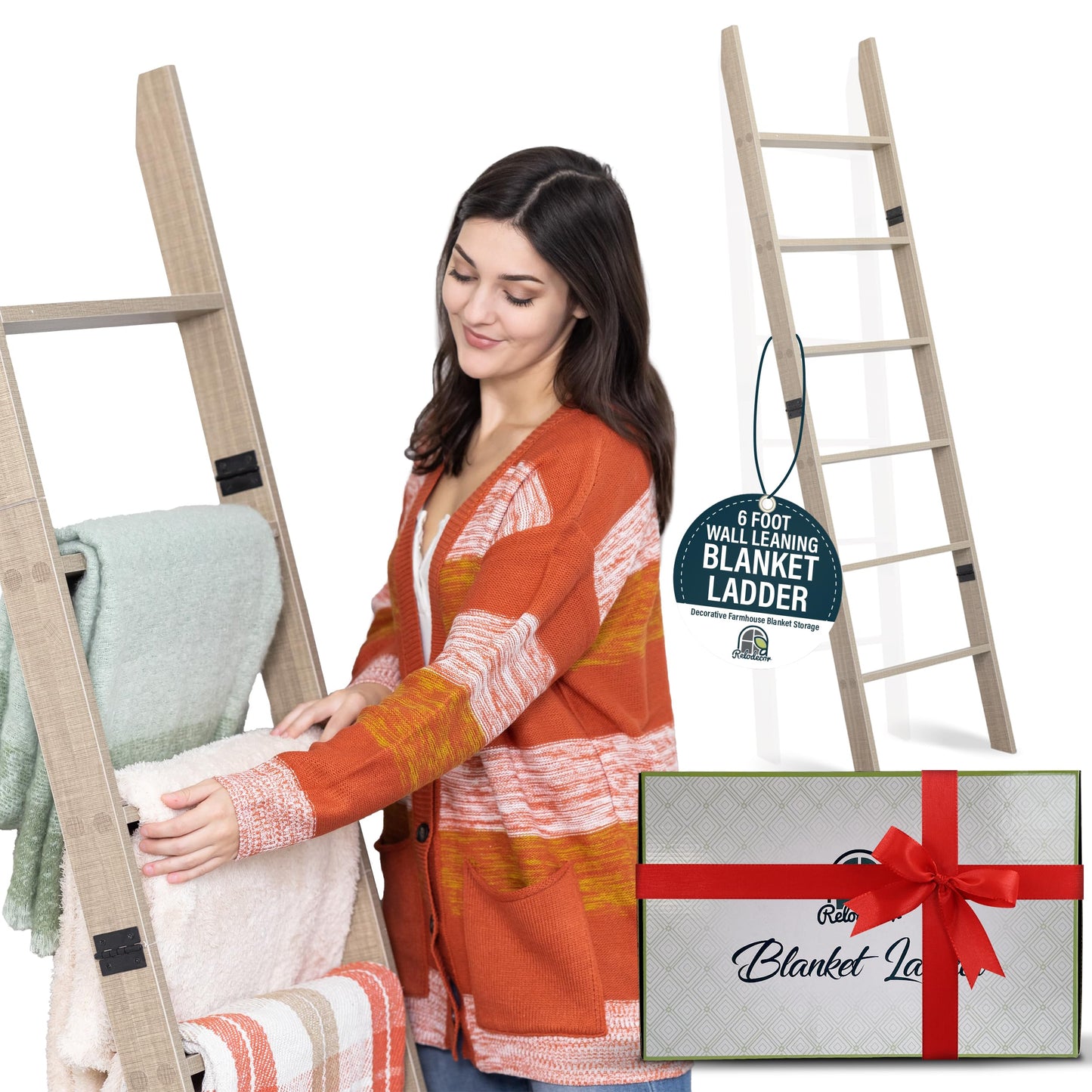 Blanket Ladder for Living Room and Bedroom, 5ft 8 inch, 6-Tier Wall Leaning Laminate No-Snag Construction (Smokey Oak) Rustic Decorative Farmhouse Blanket Storage, Quilt Rack, Ladder Shelf