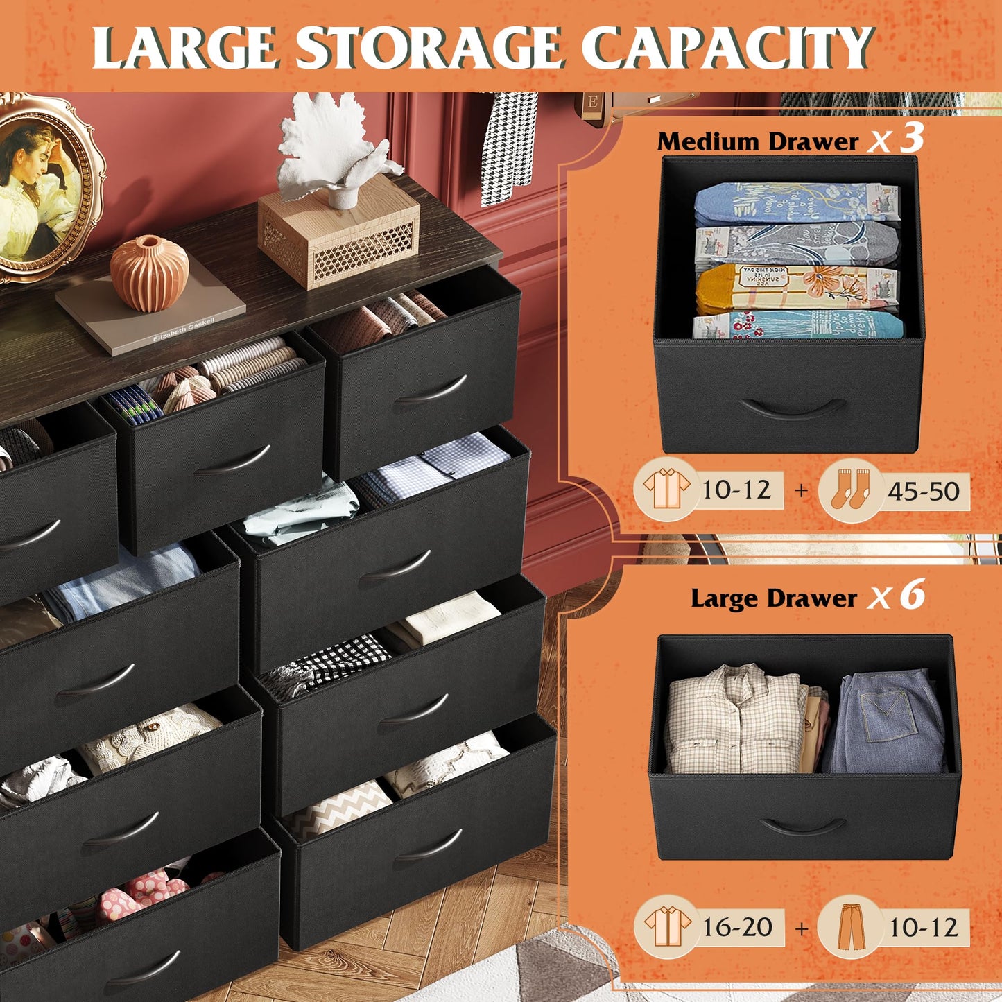 WLIVE 2 Sets 9 Drawer Dresser, Dresser for Bedroom, Closet, Hallway, Storage Organizer Unit, Dressers & Chests of Drawers with Fabric Bins