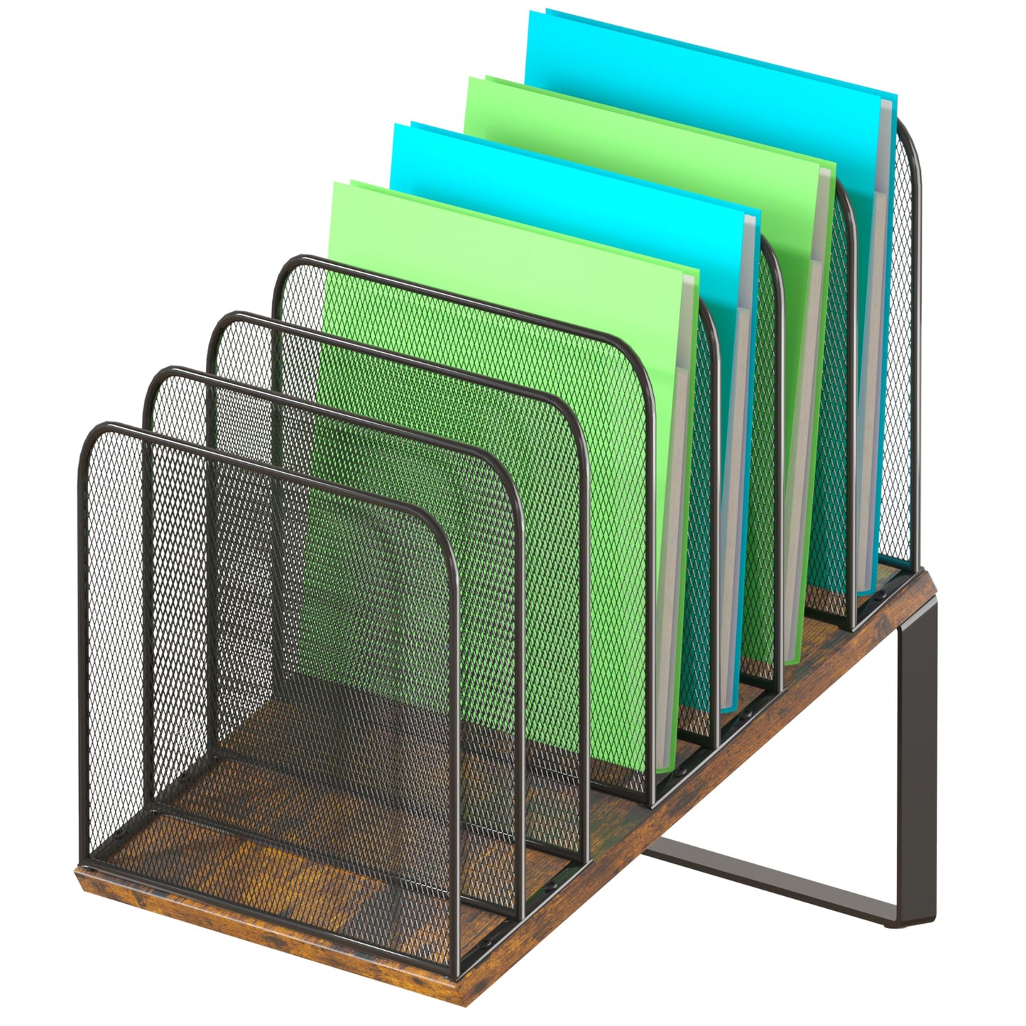 Piskyet Wooden Desk File Organizer, 7-Section Vertical File Folder Holder Stand,Metal Mail Paper Chromebook Organizer for Teacher Desk Office Classroom Desktop Organization（Inclined）