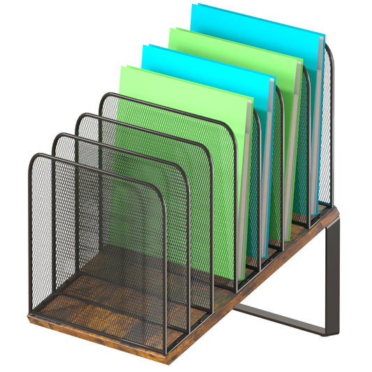 Piskyet Wooden Desk File Organizer, 7-Section Vertical File Folder Holder Stand,Metal Mail Paper Chromebook Organizer for Teacher Desk Office Classroom Desktop Organization（Inclined）