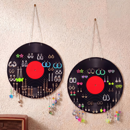 Ripeng 2 Sets Vinyl Record Earring Organizer, 12" Wooden Wall Mounted Earring Holder with 20" Chain, Vintage Retro Music Decor Storage Rack, Unique Gift for Music Lovers Bedroom Closet
