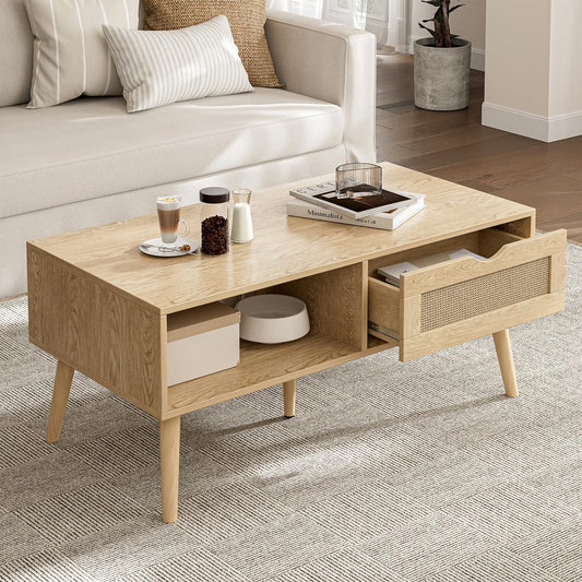 ZttRiee Rattan Coffee Table with Drawer, Boho, Natural