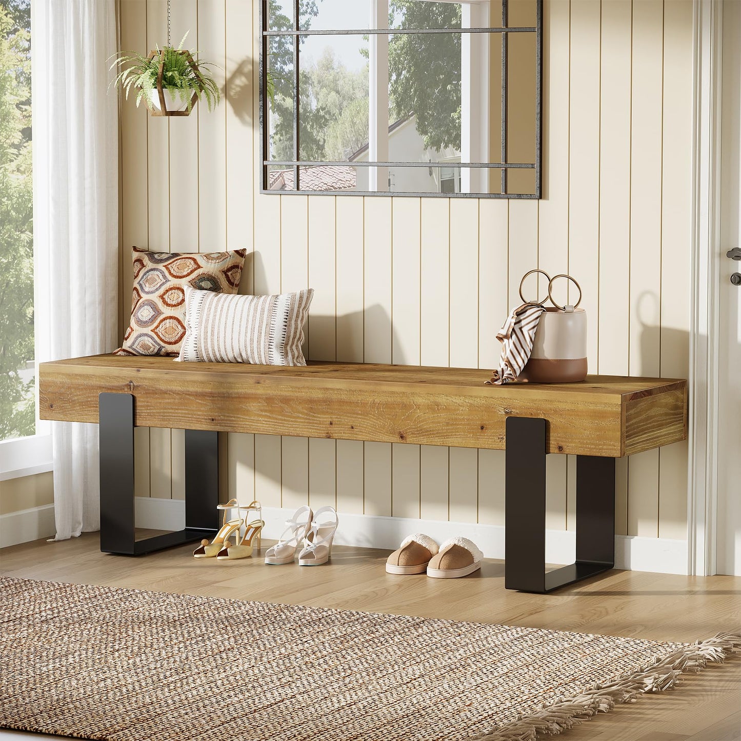 TRIBEWOOD Solid Wooden Entryway Bench, 63" Farmhouse Indoor Shoe Bench with Metal Legs, Industrial Long End of Bed Stool with Seating for Entry, Hallway, Porch, Living Room, Mudroom, Easy Assembly