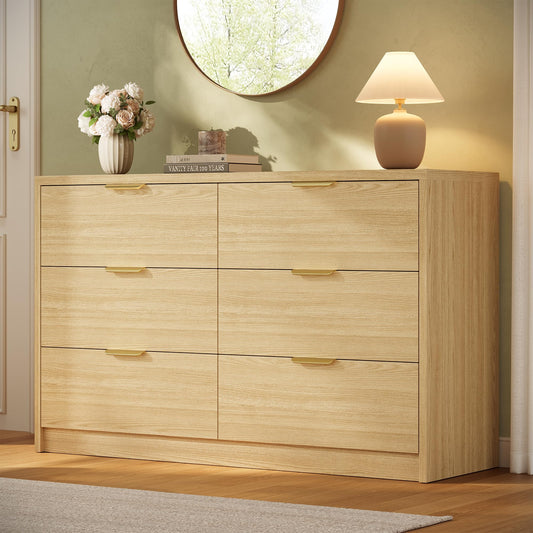 MapleGrace 53" Wide 6 Drawer Dresser for Bedroom, Modern Simple Wood Dresser Chest of Drawers Closet Store Organizer for Living Room, Hallway (Light Oak, 5.4" D x 53.1" W x 30.9" H (6 Drawers))