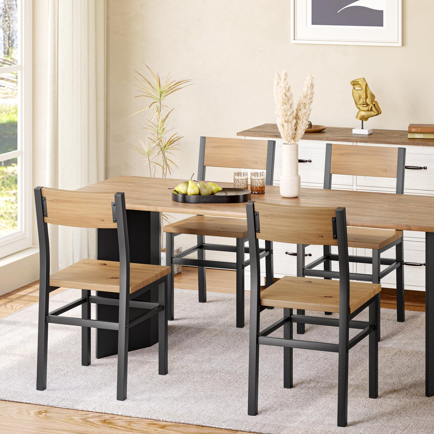 MECHYIN Dining Chairs Set of 4, Rustic Wood Dining Room Chairs with Thickened and Strengthened Metal Steel Frame & Slat Back, Modern Farmhouse Chair for Kitchen, Dining Room (4, Light Brown)
