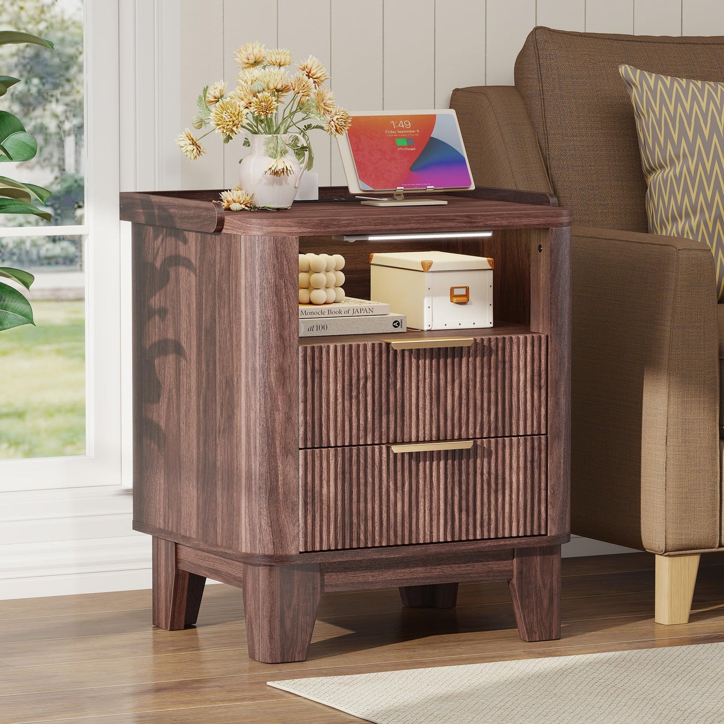 Baoz Walnut Fluted Nightstand with Charging Station & 2 Wooden Drawers