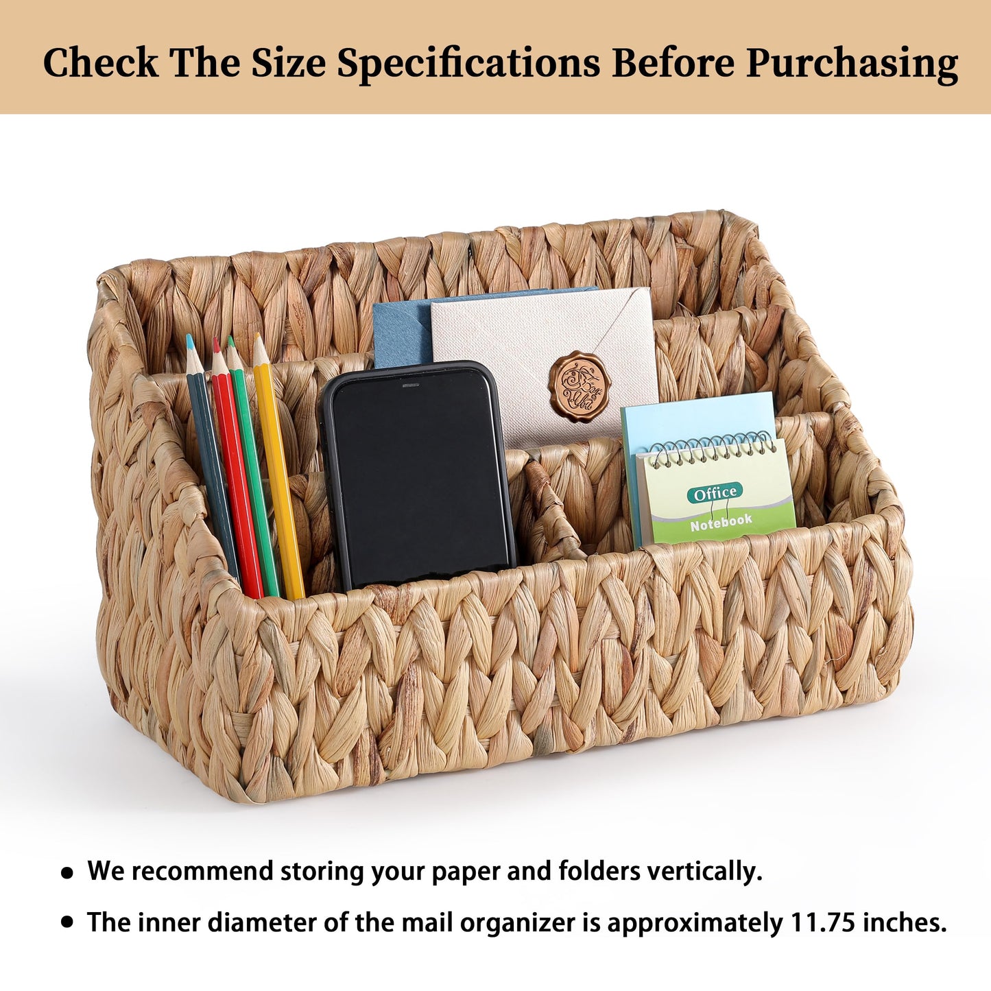 DINGTAI Natural Farmhouse Desk Organizers and Storage, Large Countertop Mail Holder, Tabletop Organizer (Water Hyacinth)