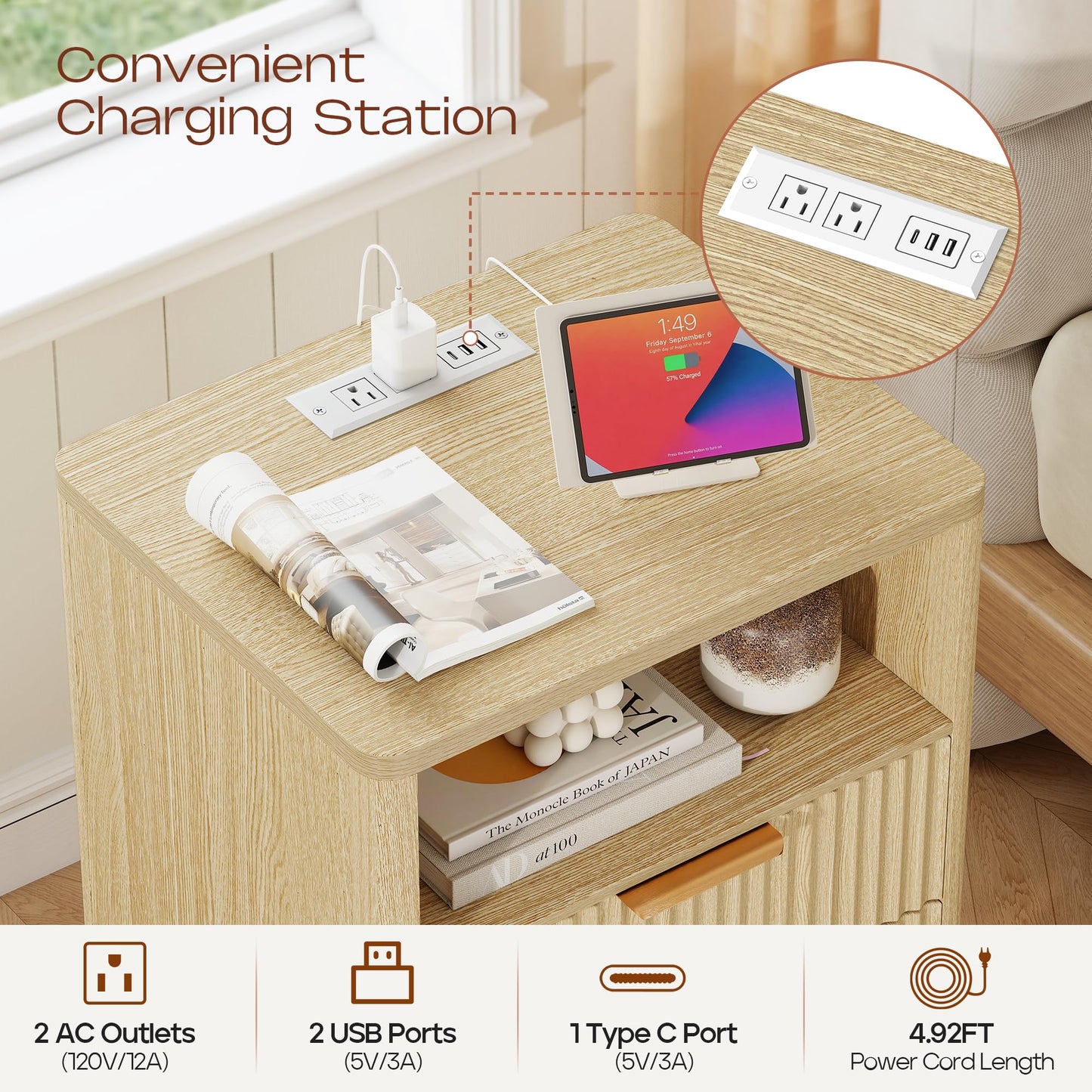 Turosur Night Stand with Charging Station, Fluted Nightstand with 2 Drawers, Wood Bedside Table with Open Storage, Modern Nightstands for Bedroom, Natural