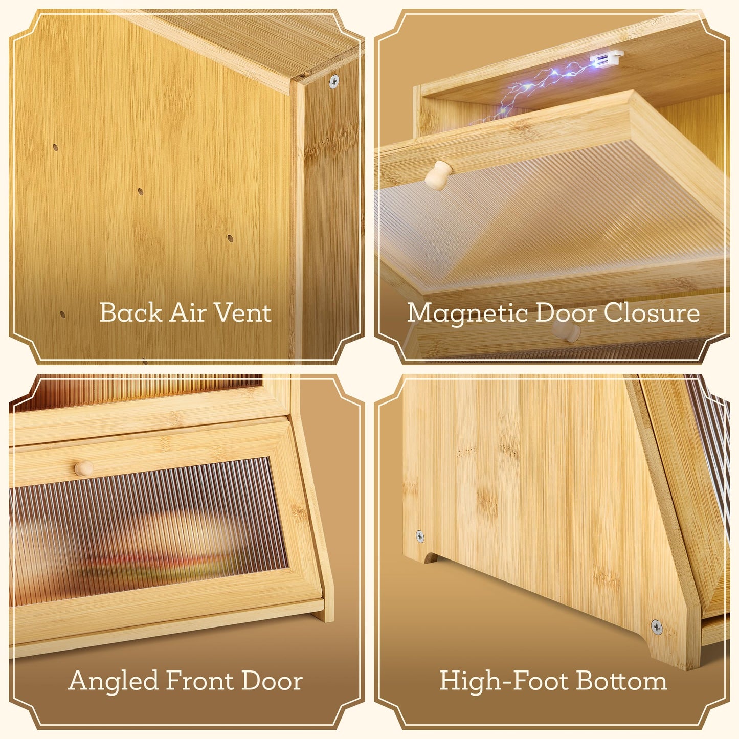 Boulora Large Bread Box for Kitchen Countertop - Bamboo Wooden Bread Box, Vintage Breadbox Countertop Cabinet, Double-Layer XL Sourdough Holder, Ventilated Clear Windows, Cutters & Sealers