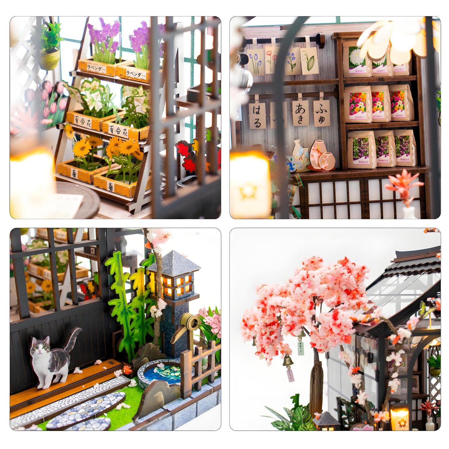 Ahilmrn DIY Miniature Dollhouse Kit Tiny 3D Wooden Puzzle Japanese Sakura Flower House with Furniture LED Light Creative Craft Gift for Adults Home Decor