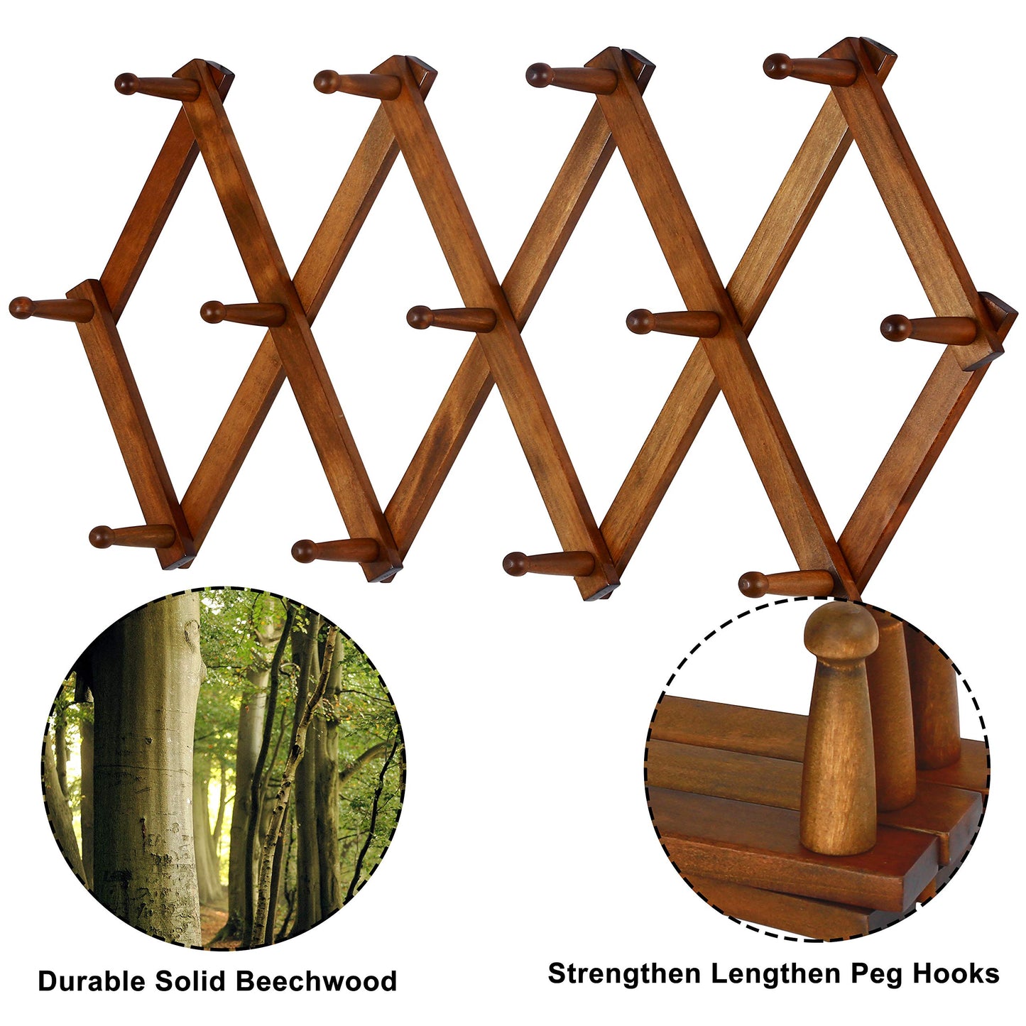 Dseap Accordian Wall Hanger: 16” High Wooden Wall Expandable Coat Rack, Hat Rack Holder, Accordion Hook for Baseball Caps, Coats, Mugs, 13 Peg Hooks, Brown
