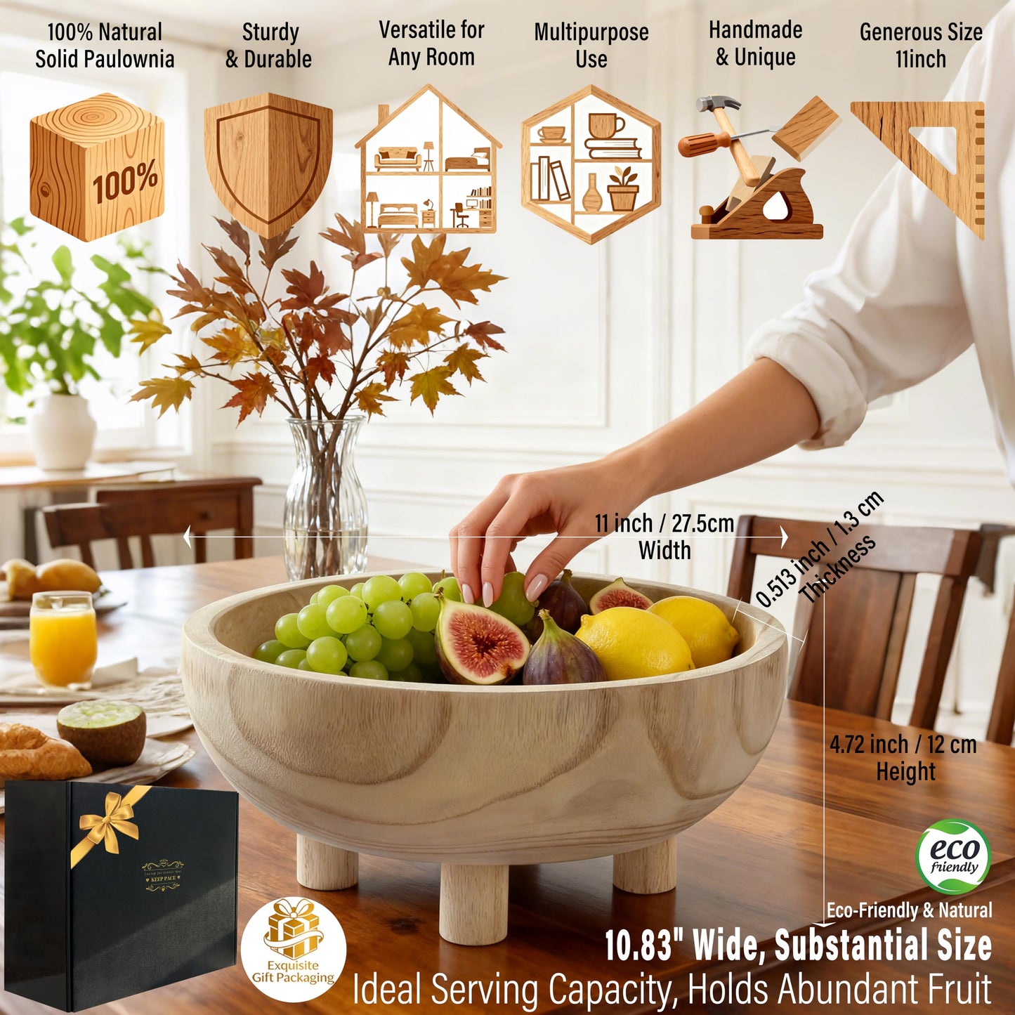 Premium 11" Handcrafted Large Wooden Fruit,Dough,Salad/key Bowl-Wooden Decorative Serving Bowl-Modern Farmhouse Kitchen Counter Centerpiece/Table/Dining Room Entryway Key Catcher-Wedding|Birthday Gift
