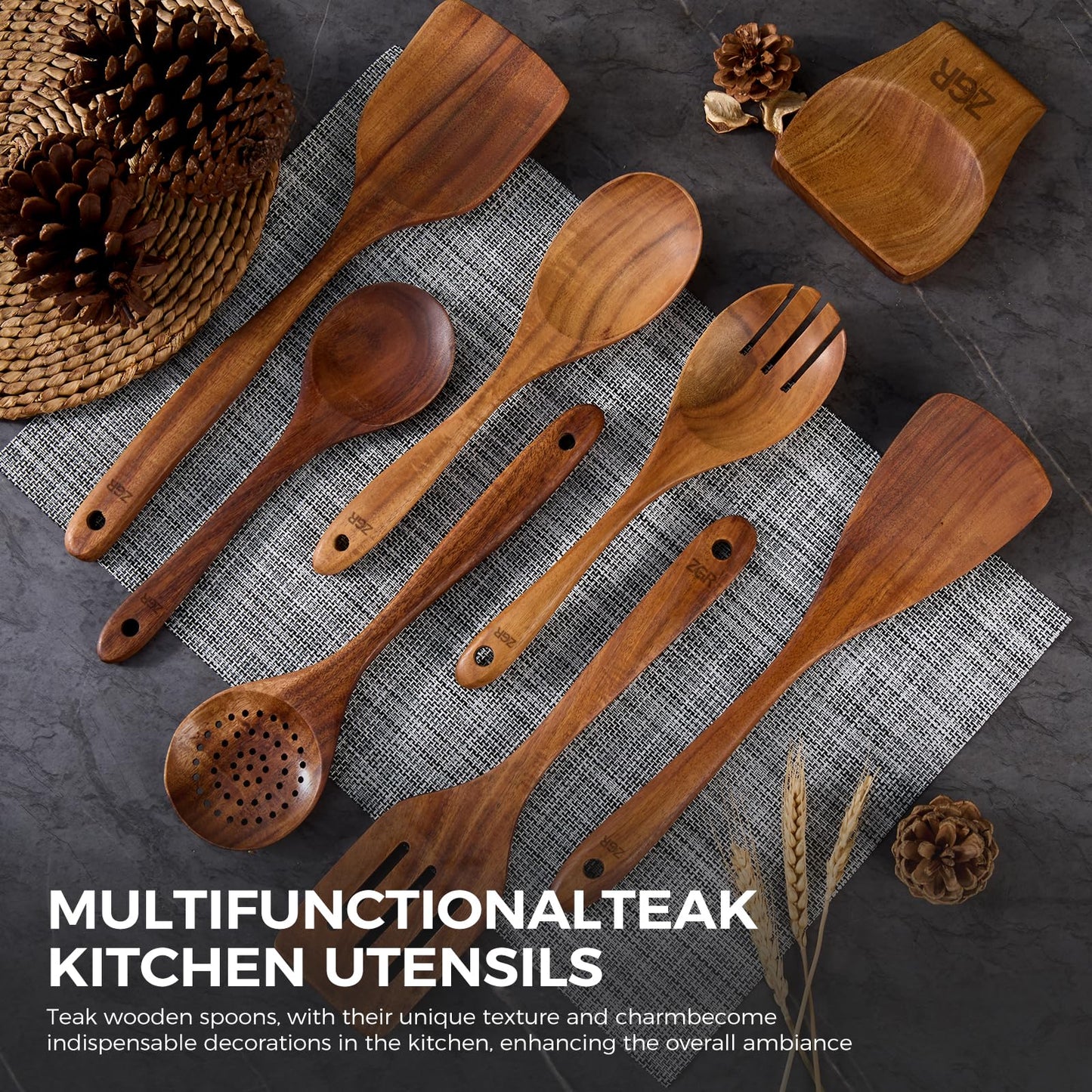 Wooden Spoons for Cooking - 9 Pieces Natural Teak Wood Kitchen Utensils Set with Utensil Holder & Spoon Rest - Durable Heat Resistant, Safe, Smooth Curved Grip - Non-Scratch & Non-Stick Spatula