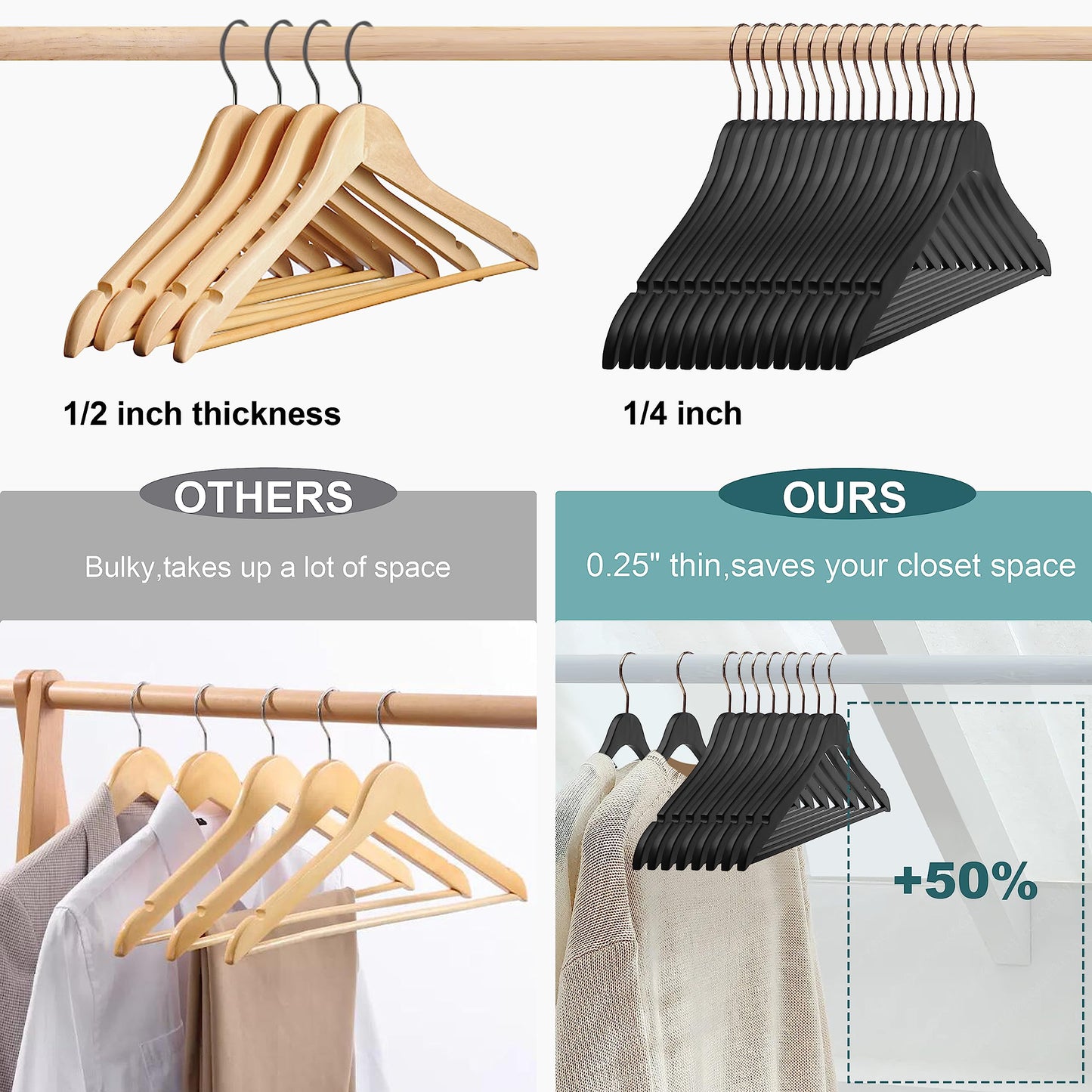 20 Luxury 16.5" Ultra Thin Space Saving Black Wooden Hangers, 360 Degree Swivel Hook, Best for Suit, Coat, Shirts, Blouses, Pant, Dress Hangers Black with Gold Hook