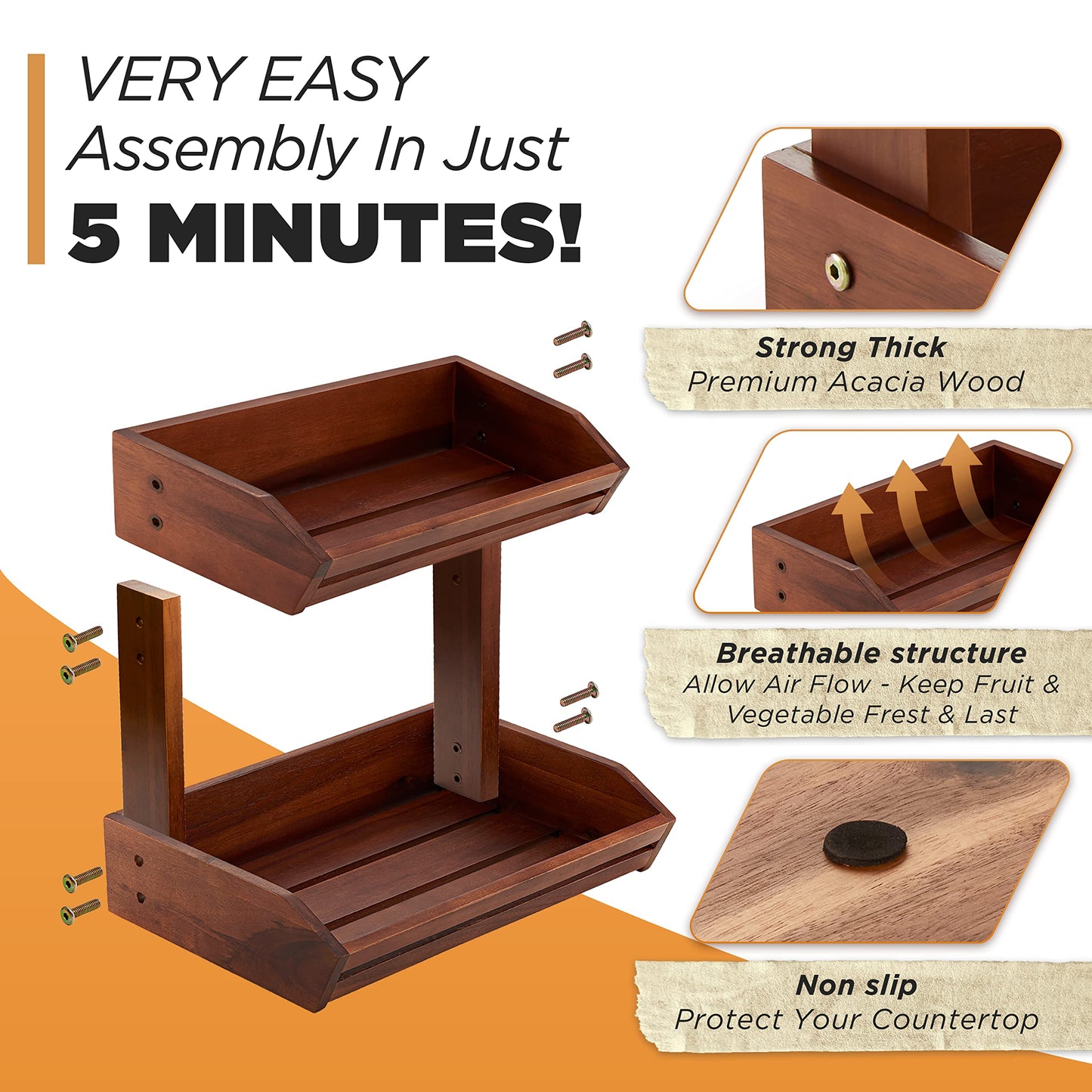 HOLANA Acacia 2 Tier Fruit Basket for Kitchen Counter Organizer – Wooden Fruit Bowl & Wooden Basket for Kitchen Counter Storage, Vegetable & Produce Storage, Snack Organizer for Countertop (Acacia)