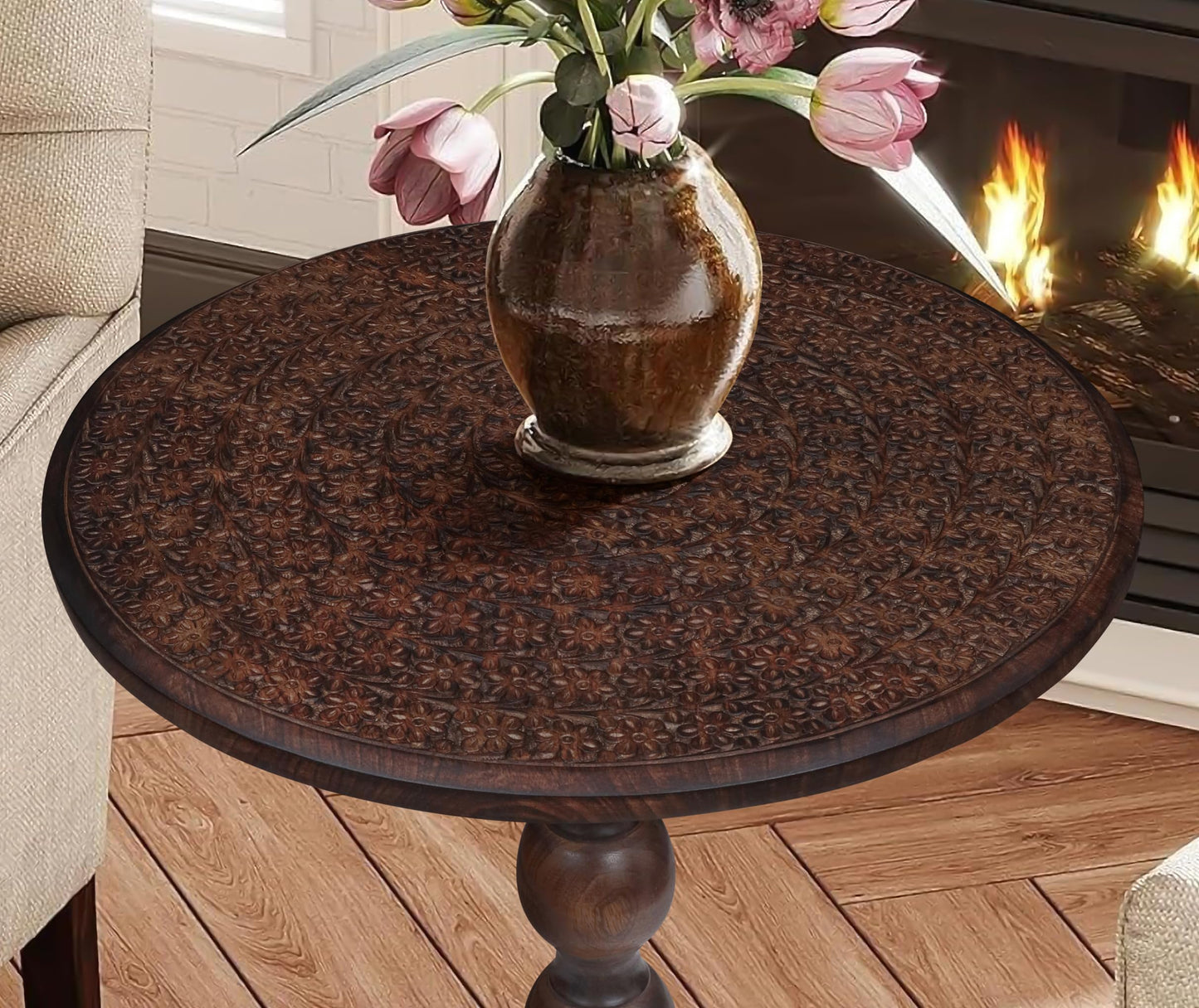 Side Tables Round – Small Drink Table for Small Spaces, Modern Accent Nightstand with Hand-Carved Top & Solid Wood Tables for Living Room, Bedroom, Office – Scorch Burnt Finish_18x22 Scorch Burnt