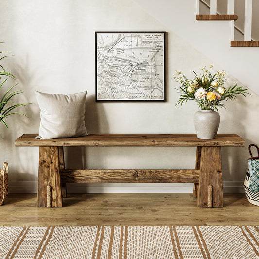 LITTLE TREE 59" Solid Wood Bench, Farmhouse Entryway Bench, Long Retro Bench for End of Bed, Dining Room, Entryway, Hallway, Living Room, Bedroom, Kitchen, Sturdy Frame Design, Rustic Brown