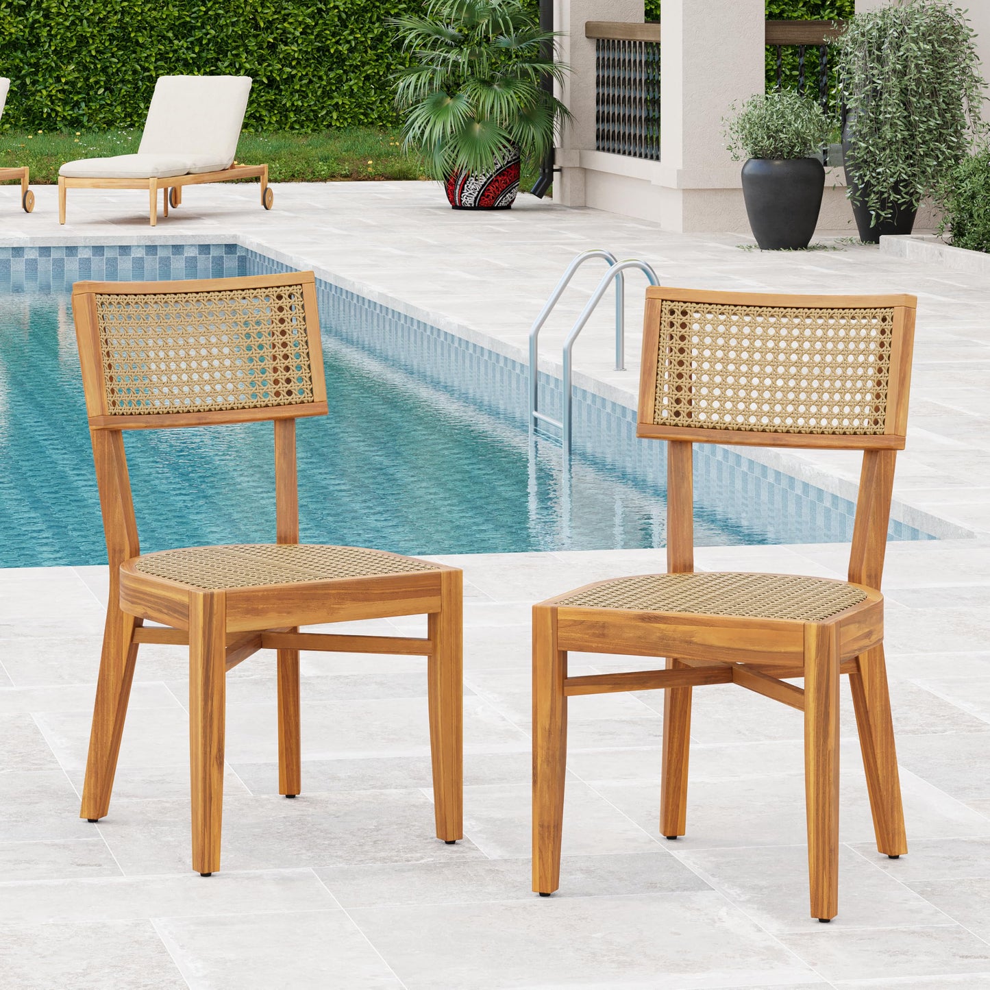 Christopher Knight Home Neeko Acacia Wood Patio Dining Chairs Set of 2, Wooden Outdoor Kitchen Side Chair, Wicker Garden Chair Set for Dining Table, Patio Furniture Extra Seat, Light Brown + Teak