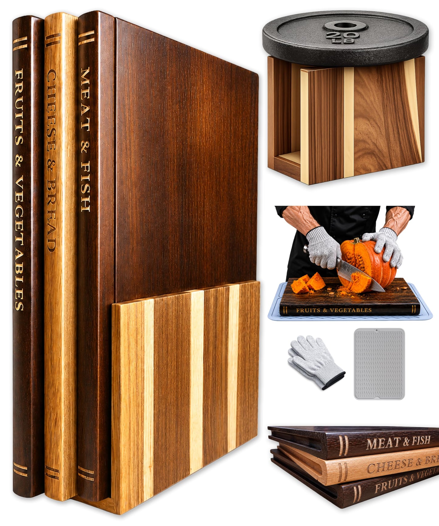 FUSAHURIY Acacia Wood Book Cutting Board Set with Stand, Wooden Cutting Boards That Look Like Books for Hands-Free Recipe Viewing, Beginner Cooking, Breakfast Prep, Family Meals & Housewarming Gift