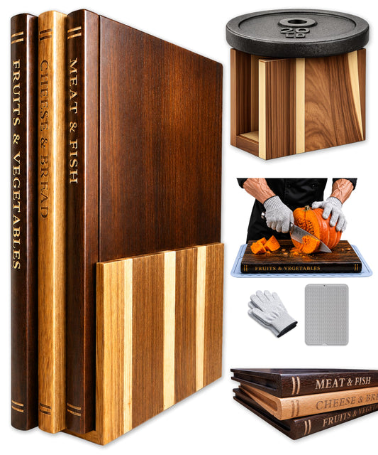 FUSAHURIY Acacia Wood Book Cutting Board Set with Stand, Wooden Cutting Boards That Look Like Books for Hands-Free Recipe Viewing, Beginner Cooking, Breakfast Prep, Family Meals & Housewarming Gift