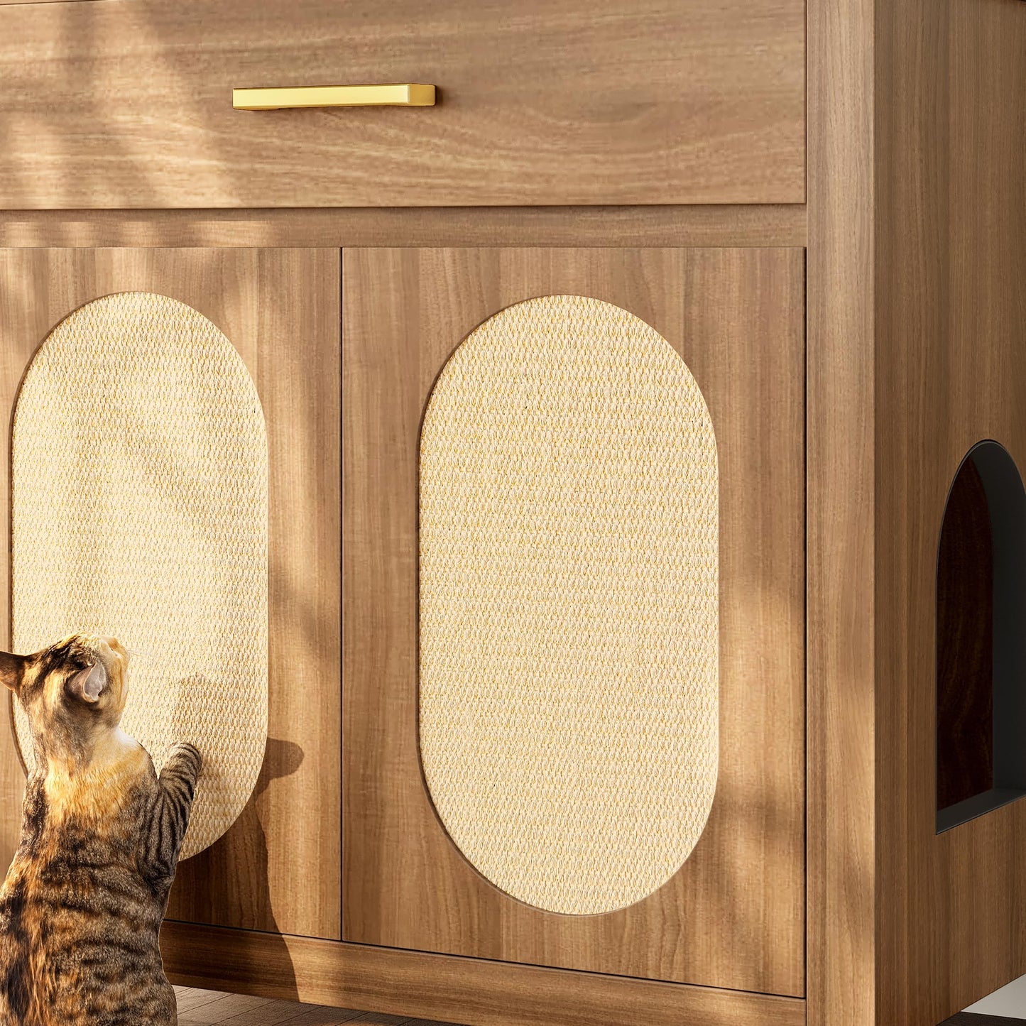 Hidden Cat Litter Box Enclosure Furniture with Scratching Board Doors and Storage Drawer, Wooden Washroom Cat House Cabinet Side Table Nightstand for Living Room, Espresso