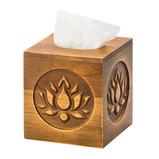 Ukwell Wood Carved Tissue Box Cover Square Distressed Brown Tissue Holder with Embossed Lotus Pattern, Rustic Vintage Home Decor for Bathrooom Bedroom Living Room