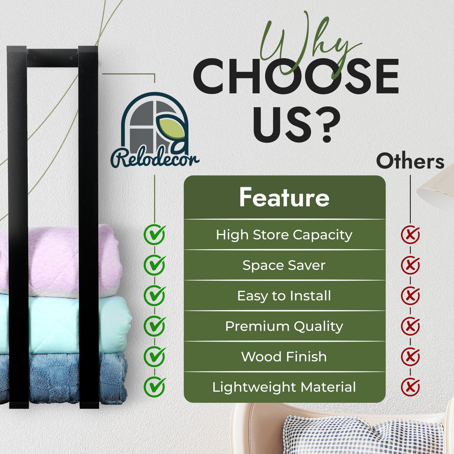 RELODECOR Blanket Wall Rack – Floating Shelf for Living Room & Bedroom, Rustic Wall-Mounted Blanket Holder, Bedding & Towel Organizer, Space-Saving, Stylish Black Design