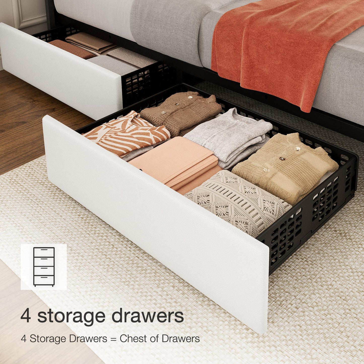 Queen Size Bed Frame with Upholstered Headboard, Queen Platform Bed with 4 Storage Drawers, Wooden Slats Support & Adjustable Headboard, No Box Spring Needed, Noise Free, Easy to Assemble, White